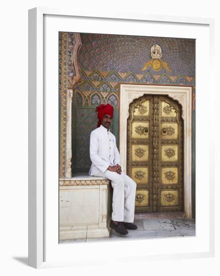 Palace Guard Sitting at Rose Gate in Pitam Niwas Chowk, City Palace, Jaipur, Rajasthan, India, Asia-Ian Trower-Framed Photographic Print