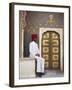 Palace Guard Sitting at Rose Gate in Pitam Niwas Chowk, City Palace, Jaipur, Rajasthan, India, Asia-Ian Trower-Framed Photographic Print