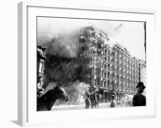 Palace Hotel on Fire after the Earthquake, San Francisco, California, c.1906-null-Framed Photo