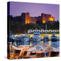 Palace of the Grand Masters and Mandraki Harbour Illuminated at Dusk, Rhodes Town, Rhodes, Greece-Doug Pearson-Stretched Canvas