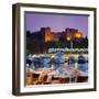 Palace of the Grand Masters and Mandraki Harbour Illuminated at Dusk, Rhodes Town, Rhodes, Greece-Doug Pearson-Framed Photographic Print