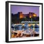 Palace of the Grand Masters and Mandraki Harbour Illuminated at Dusk, Rhodes Town, Rhodes, Greece-Doug Pearson-Framed Photographic Print