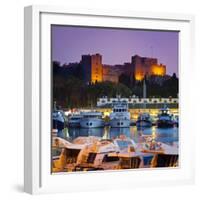 Palace of the Grand Masters and Mandraki Harbour Illuminated at Dusk, Rhodes Town, Rhodes, Greece-Doug Pearson-Framed Photographic Print