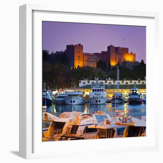 Palace of the Grand Masters and Mandraki Harbour Illuminated at Dusk, Rhodes Town, Rhodes, Greece-Doug Pearson-Framed Photographic Print