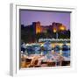 Palace of the Grand Masters and Mandraki Harbour Illuminated at Dusk, Rhodes Town, Rhodes, Greece-Doug Pearson-Framed Photographic Print