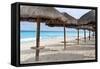 Palapas Lined up on the Beach, Cancun, Mexico-George Oze-Framed Stretched Canvas