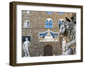 Palazzo Vecchio, Marzocco Lion and Statue of David, Piazza Della Signoria, UNESCO Heritage Site-Nico Tondini-Framed Premium Photographic Print