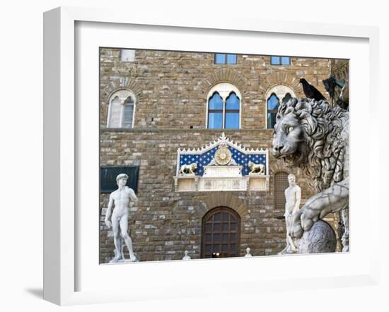 Palazzo Vecchio, Marzocco Lion and Statue of David, Piazza Della Signoria, UNESCO Heritage Site-Nico Tondini-Framed Premium Photographic Print