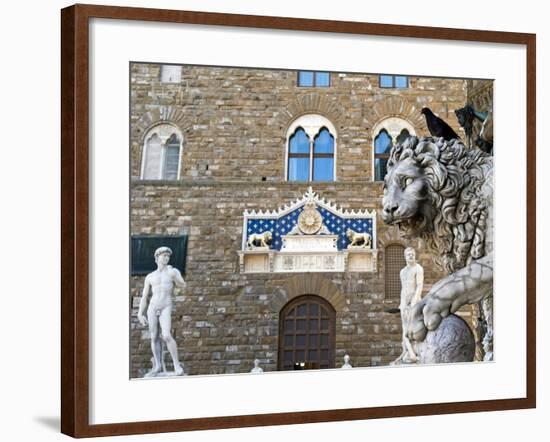 Palazzo Vecchio, Marzocco Lion and Statue of David, Piazza Della Signoria, UNESCO Heritage Site-Nico Tondini-Framed Photographic Print