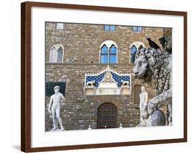 Palazzo Vecchio, Marzocco Lion and Statue of David, Piazza Della Signoria, UNESCO Heritage Site-Nico Tondini-Framed Photographic Print