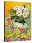 Pale Primrose in a Pot with Spring-Flowered Textile, 2000-Joan Thewsey-Stretched Canvas