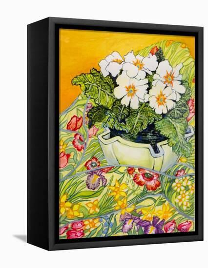 Pale Primrose in a Pot with Spring-Flowered Textile, 2000-Joan Thewsey-Framed Stretched Canvas