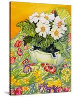 Pale Primrose in a Pot with Spring-Flowered Textile, 2000-Joan Thewsey-Stretched Canvas