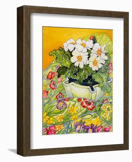 Pale Primrose in a Pot with Spring-Flowered Textile, 2000-Joan Thewsey-Framed Giclee Print