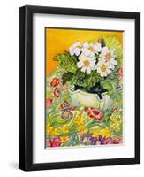 Pale Primrose in a Pot with Spring-Flowered Textile, 2000-Joan Thewsey-Framed Giclee Print