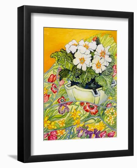 Pale Primrose in a Pot with Spring-Flowered Textile, 2000-Joan Thewsey-Framed Giclee Print