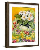 Pale Primrose in a Pot with Spring-Flowered Textile, 2000-Joan Thewsey-Framed Giclee Print