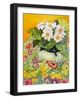 Pale Primrose in a Pot with Spring-Flowered Textile, 2000-Joan Thewsey-Framed Giclee Print