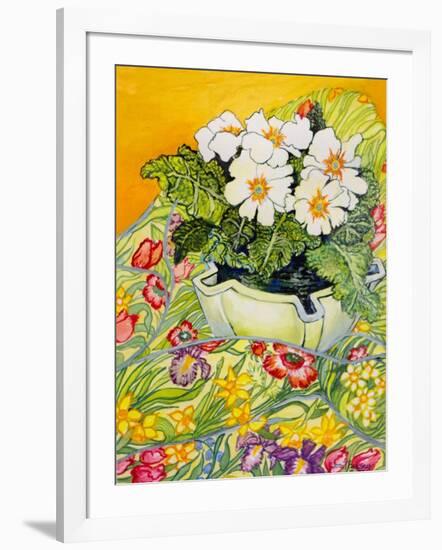 Pale Primrose in a Pot with Spring-Flowered Textile, 2000-Joan Thewsey-Framed Giclee Print