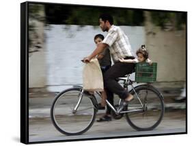 Palestinian Man, 28, Takes His Son, 4, and Daughter, 2, on His Bicycle-null-Framed Stretched Canvas