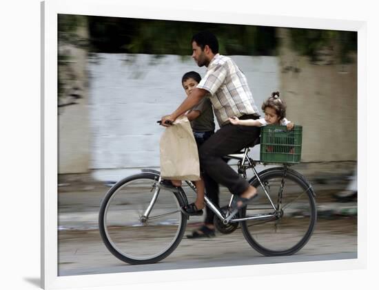 Palestinian Man, 28, Takes His Son, 4, and Daughter, 2, on His Bicycle-null-Framed Photographic Print