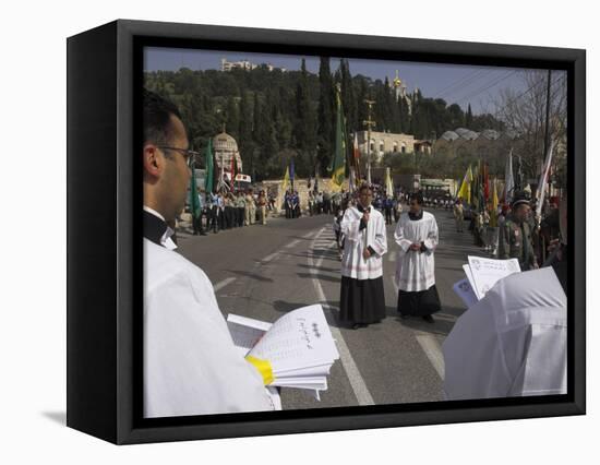 Palestinian Priests Heading the Palm Sunday Catholic Procession, Mount of Olives, Jerusalem, Israel-Eitan Simanor-Framed Stretched Canvas