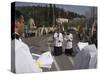 Palestinian Priests Heading the Palm Sunday Catholic Procession, Mount of Olives, Jerusalem, Israel-Eitan Simanor-Stretched Canvas
