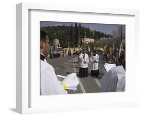 Palestinian Priests Heading the Palm Sunday Catholic Procession, Mount of Olives, Jerusalem, Israel-Eitan Simanor-Framed Photographic Print