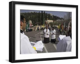 Palestinian Priests Heading the Palm Sunday Catholic Procession, Mount of Olives, Jerusalem, Israel-Eitan Simanor-Framed Photographic Print