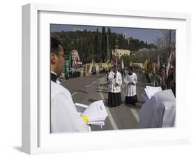 Palestinian Priests Heading the Palm Sunday Catholic Procession, Mount of Olives, Jerusalem, Israel-Eitan Simanor-Framed Photographic Print