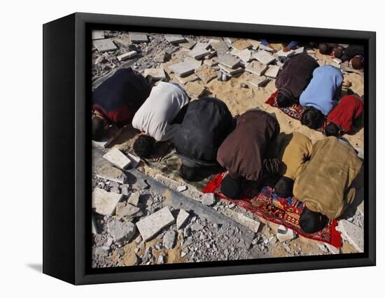 Palestinians Pray in Rubble of Mosque Destroyed in Israeli Military Offensive, Northern Gaza Strip-null-Framed Stretched Canvas