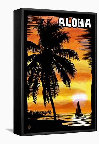 Palm and Sunset - Aloha - Scratchboard-Lantern Press-Framed Stretched Canvas