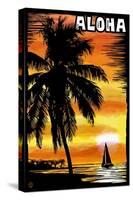 Palm and Sunset - Aloha - Scratchboard-Lantern Press-Stretched Canvas