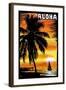 Palm and Sunset - Aloha - Scratchboard-Lantern Press-Framed Art Print