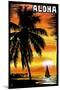 Palm and Sunset - Aloha - Scratchboard-Lantern Press-Mounted Art Print