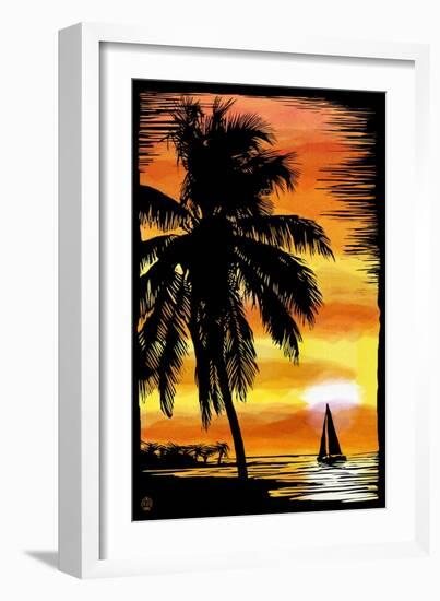 Palm and Sunset - Scratchboard-Lantern Press-Framed Art Print