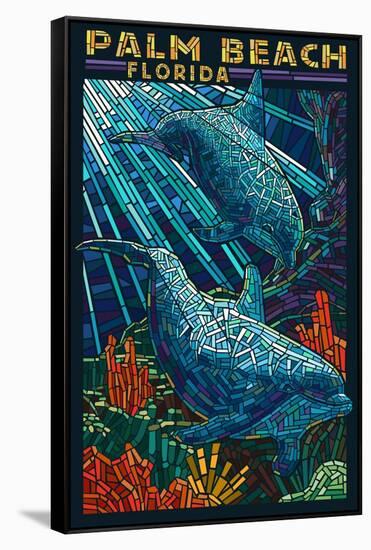 Palm Beach, Florida - Dolphins Paper Mosaic-Lantern Press-Framed Stretched Canvas