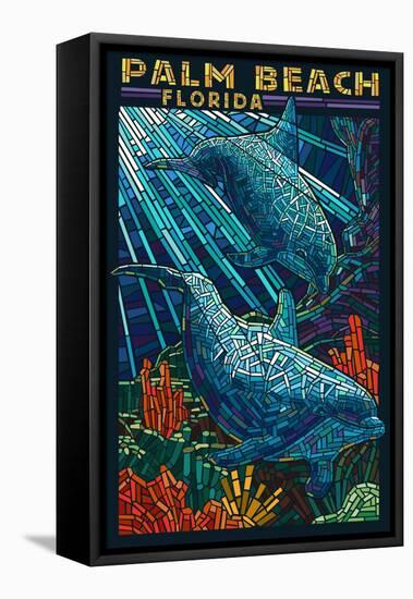 Palm Beach, Florida - Dolphins Paper Mosaic-Lantern Press-Framed Stretched Canvas