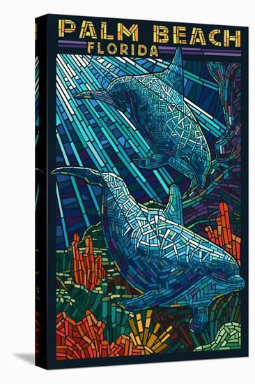 Palm Beach, Florida - Dolphins Paper Mosaic-Lantern Press-Stretched Canvas