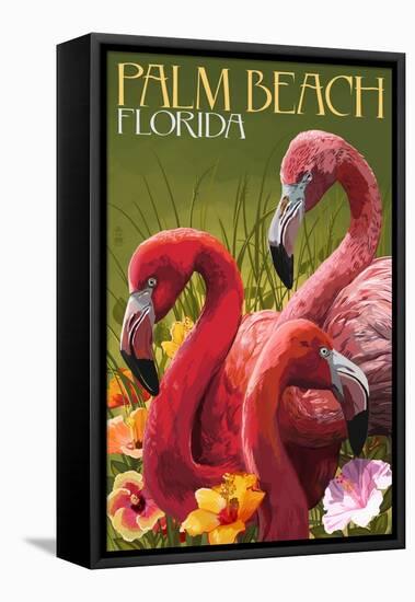 Palm Beach, Florida - Flamingos-Lantern Press-Framed Stretched Canvas