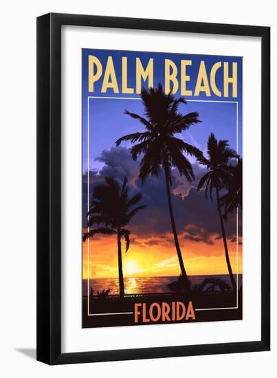 Palm Beach, Florida - Palms and Sunset-Lantern Press-Framed Art Print