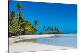 Palm fringed motu in the Blue Lagoon, Rangiroa atoll, Tuamotus, French Polynesia-Michael Runkel-Stretched Canvas