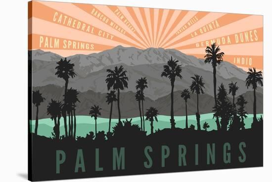 Palm Springs, California - Palm Trees and Mountains-Lantern Press-Stretched Canvas