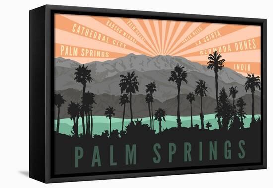 Palm Springs, California - Palm Trees and Mountains-Lantern Press-Framed Stretched Canvas