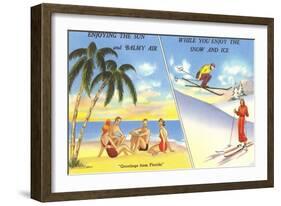 Palm Trees and Beach Versus Snow Skiing-null-Framed Art Print