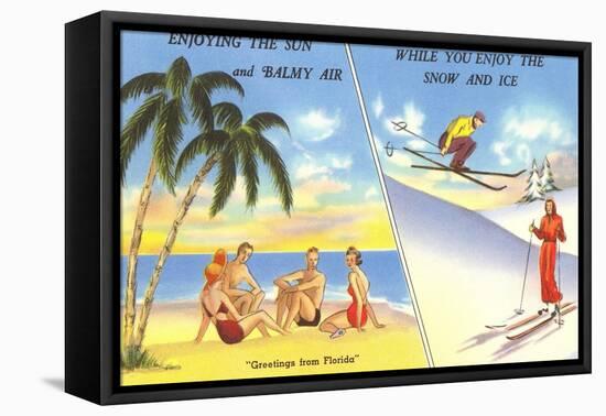 Palm Trees and Beach Versus Snow Skiing-null-Framed Stretched Canvas