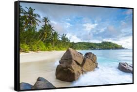 Palm Trees and Tropical Beach, Southern Mahe, Seychelles-Jon Arnold-Framed Stretched Canvas