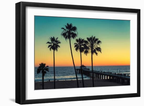 Palm Trees at Manhattan Beach. Vintage Processed. Fashion Travel and Tropical Beach Concept.-lucky-photographer-Framed Photographic Print