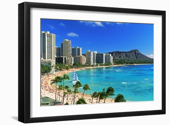 Palm trees on the beach, Diamond Head, Waikiki Beach, Oahu, Honolulu, Hawaii, USA-null-Framed Photographic Print