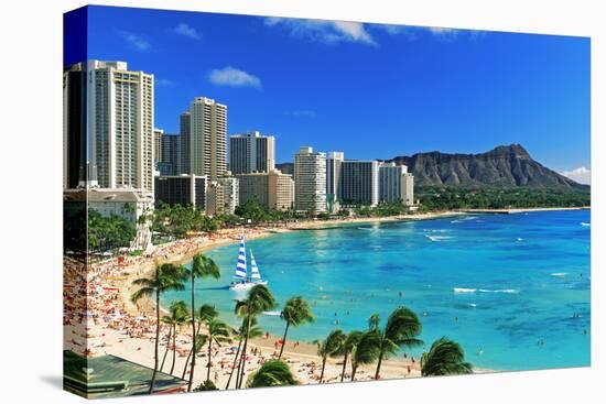 Palm trees on the beach, Diamond Head, Waikiki Beach, Oahu, Honolulu, Hawaii, USA-null-Stretched Canvas